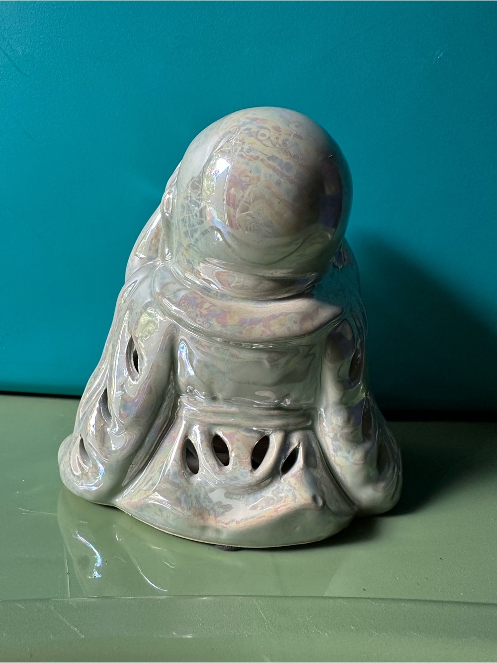 Ceramic Laughing Buddha Statue - Iridescent Sage Glaze - Picture 3 of 6